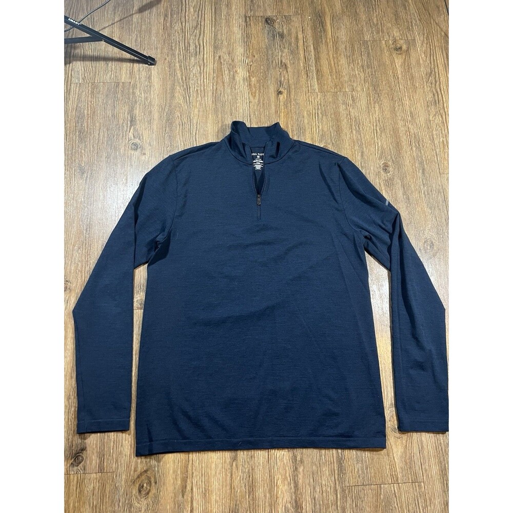 Hill City 1/4 Quarter Zip Mens M Blue Pullover Wool Blend Long Sleeve Active